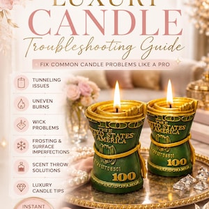 Può includere: Una guida digitale intitolata FortunaBotanique Luxury Candle Troubleshooting Guide con testo sulla risoluzione dei problemi delle candele. L'immagine mostra due candele verdi a forma di banconote da 100 dollari arrotolate con stoppini accesi.