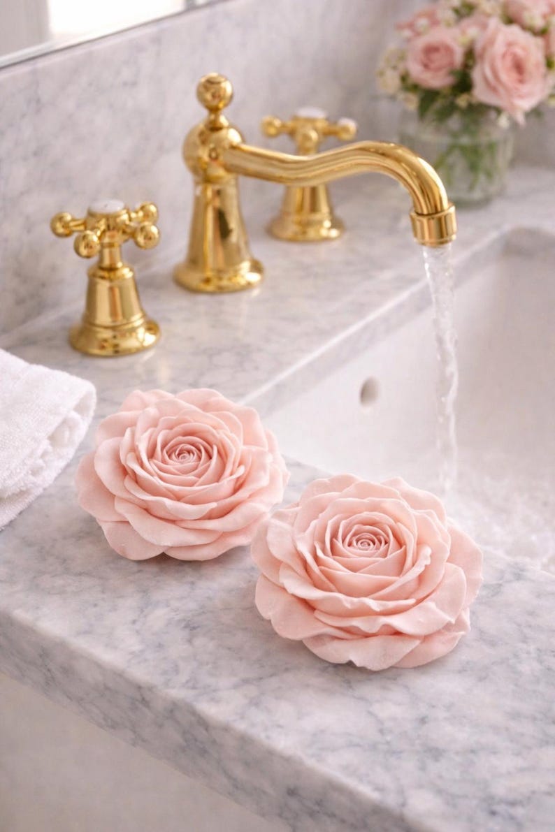 May include: Two light pink rose-shaped soaps rest on a marble countertop next to a gold faucet with running water. A white towel and a vase of pink roses are also visible.