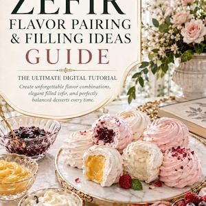 May include: A digital guide titled FORTUNA BOTANIQUE ZEFIR FLAVOR PAIRING & FILLING IDEAS GUIDE. The image displays several swirled zefir pastries, some filled with fruit or cream, alongside bowls of berry compote, lemon curd, and vanilla cream.