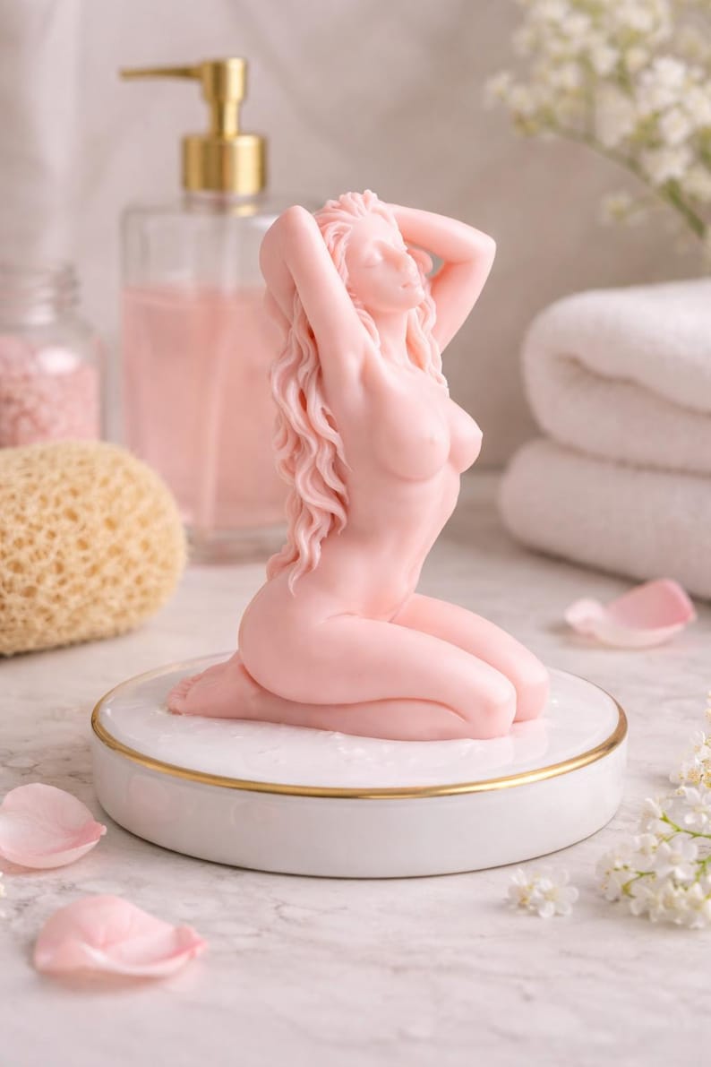 Puede incluir: Una vela de cera rosa p&aacute;lido con forma de figura arrodillada de largo cabello ondulado y brazos elevados sobre la cabeza. La vela se asienta sobre una base circular de cer&aacute;mica blanca con un fino borde de color dorado en la parte superior.