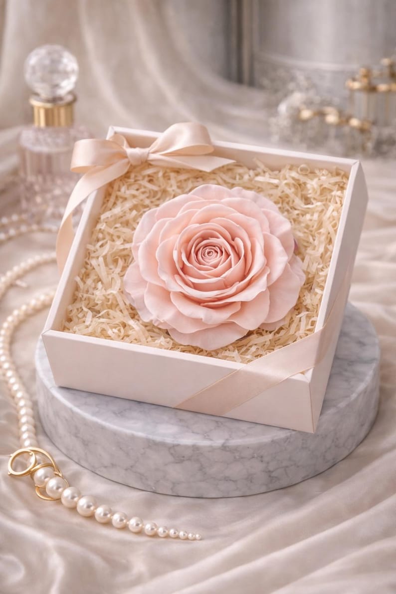 May include: A large, pale pink rose in a white gift box with a matching ribbon. The rose is surrounded by shredded paper. The box sits on a marble-like surface, with a pearl necklace and perfume bottle in the background.