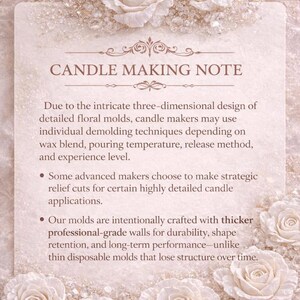 May include: A soft pink background with white floral accents and text that reads "CANDLE MAKING NOTE." The text discusses candle-making techniques for detailed floral molds, including demolding and strategic relief cuts.