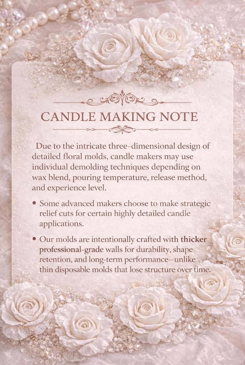 May include: A soft pink background with white floral accents and text that reads "CANDLE MAKING NOTE." The text discusses candle-making techniques for detailed floral molds, including demolding and strategic relief cuts.