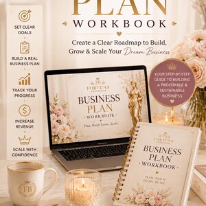 May include: A digital business plan workbook featuring the text Fortuna Botaniqe Business Plan Workbook. The display includes a laptop, a spiral-bound notebook, a white mug with a gold rim, a lit candle, and icons for planning, marketing, sales, finance, and growth.
