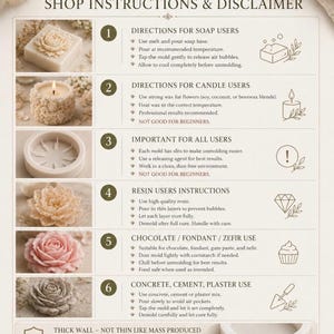May include: Instructional graphic for botanical molds, featuring detailed directions for soap, candle, resin, chocolate, and concrete use. Includes product information and a disclaimer. The text is in a serif font.