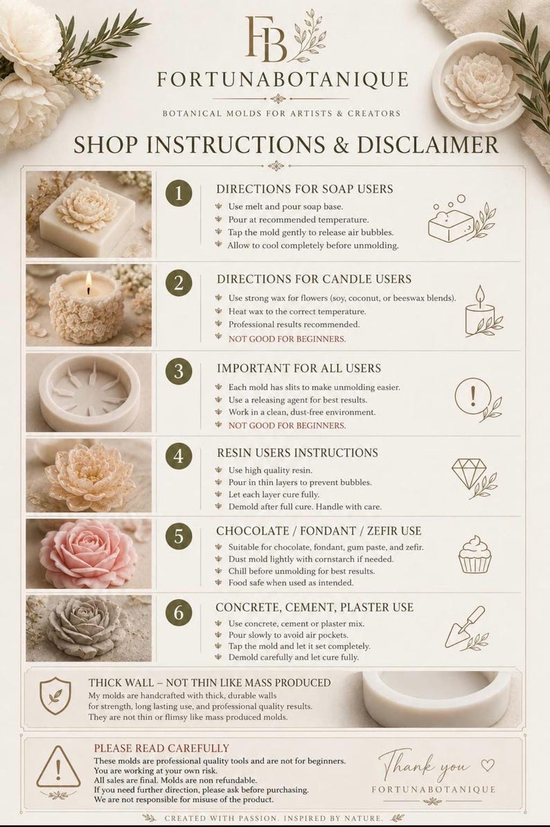 May include: Instructional graphic for botanical molds, featuring detailed directions for soap, candle, resin, chocolate, and concrete use. Includes product information and a disclaimer. The text is in a serif font.