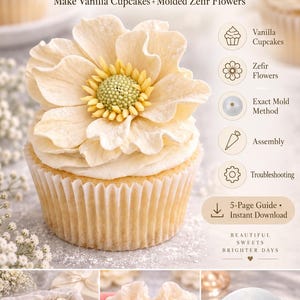 Könnte beinhalten: Ein digitaler Leitfaden mit dem Titel Zefir Flower Cupcake Guide, der einen mit einer Cremeblüte verzierten Cupcake zeigt, sowie Symbole für Vanille-Cupcakes, Zefir-Blumen, Formmethoden, Montage und Fehlerbehebung und einen 5-seitigen Download.