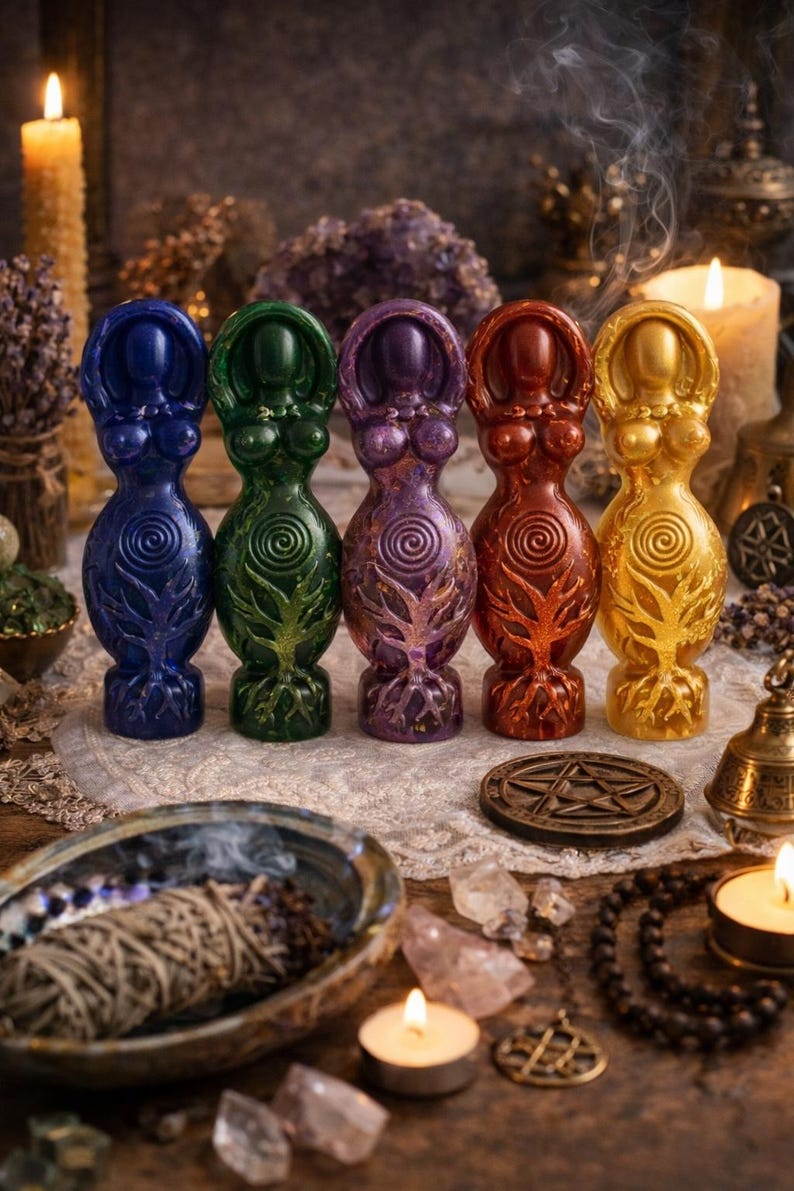 May include: Five colorful goddess statues in blue, green, purple, red, and gold, each with a spiral design on the torso and a tree of life on the base. The statues are arranged on a lace cloth, with candles and other spiritual items in the background.