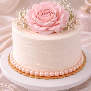 May include: A round, white frosted cake decorated with a large pink rose and small white flowers. The cake is adorned with a border of pink pearls and sits on a white cake stand. The cake is a dessert.
