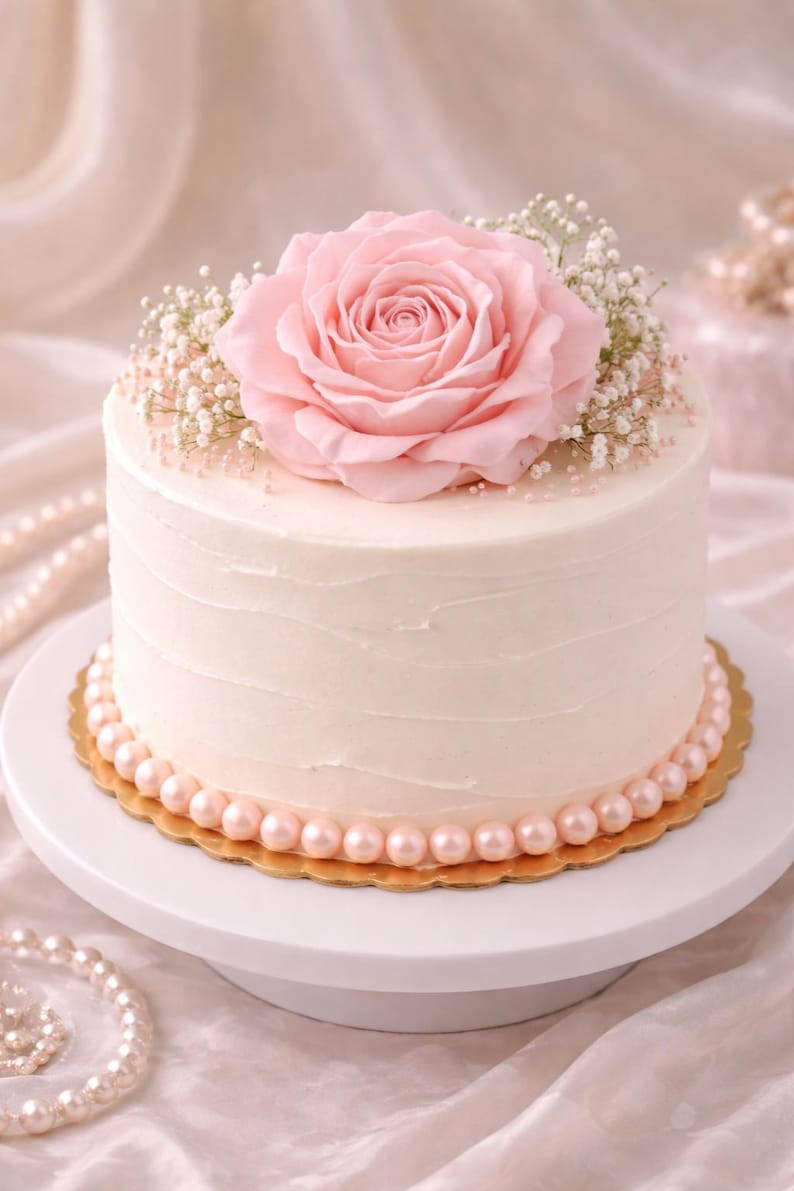 May include: A round, white frosted cake decorated with a large pink rose and small white flowers. The cake is adorned with a border of pink pearls and sits on a white cake stand. The cake is a dessert.