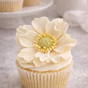 May include: A cupcake decorated with a large, cream-coloured flower. The flower has multiple petals and a yellow and green centre. The cupcake sits in a white paper liner on a light-coloured surface. Other cupcakes are visible in the background.