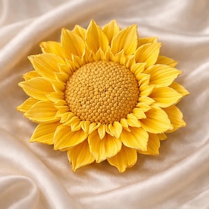 Puede incluir: Un girasol amarillo brillante con pétalos detallados y un centro texturizado. La flor se encuentra sobre un fondo de satén color crema, creando un contraste de texturas y colores. Los pétalos del girasol tienen un sutil brillo dorado.