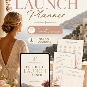 May include: A 5-page printable PDF product launch planner by Fortuna Botanique. The digital guide includes a launch roadmap, checklist, content plan, and launch goals. The display shows the planner on a tablet screen and printed pages.