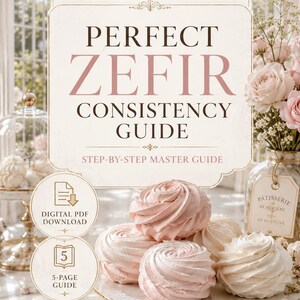 May include: A digital PDF guide titled FORTUNA BOTANIQUE PERFECT ZEFIR CONSISTENCY GUIDE, featuring a 5-page step-by-step master guide. The image displays light pink and white swirled zefir treats on a decorative stand, with floral accents.