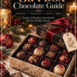May include: A rectangular gift box filled with assorted chocolates, featuring text that reads FORTUNA BOTANIQUE HOLIDAY GIFT BOX Chocolate Guide CURATE PACKAGE GIFT SELL Luxury Chocolate Assortments for the Holiday Season, with a red ribbon.