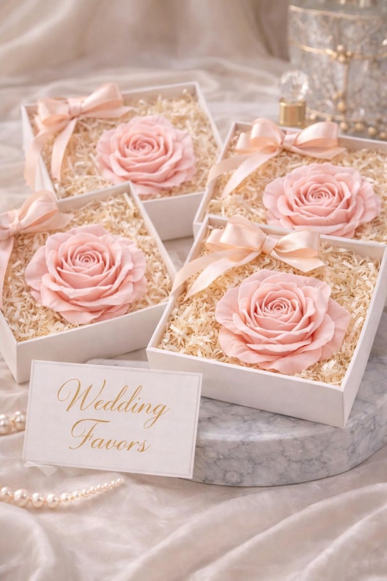 May include: Several white boxes filled with shredded paper and a large pink rose. Each box is tied with a light pink ribbon. A card with the words "Wedding Favors" is in the foreground. Pearls and a marble surface are also visible.