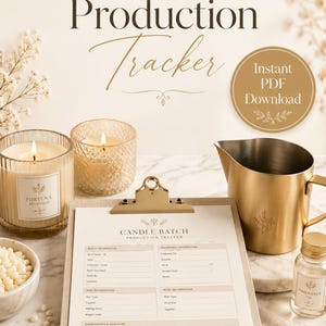 May include: A printable Candle Batch Production Tracker form on a clipboard with sections for batch, fragrance, wax, and wick information. The document includes fields for ingredients, production notes, and a results evaluation section with star ratings.