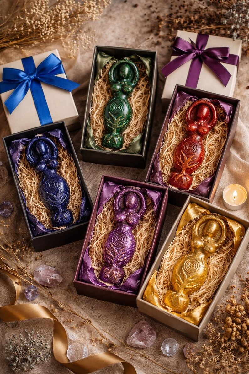 May include: Six goddess figurines in various colors, including green, blue, red, purple, and gold, are presented in decorative boxes with straw and ribbon. The boxes are arranged with gift boxes and a lit candle, creating a mystical theme.