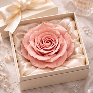 May include: A preserved pink rose with gold glitter edges, presented in a cream-colored gift box with a satin ribbon. The rose is nestled on a bed of cream-colored satin fabric, creating an elegant floral arrangement.
