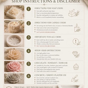 Puede incluir: Una infograf&iacute;a instructiva para moldes bot&aacute;nicos de Fortunabotanique, con seis secciones numeradas que incluyen pautas para el uso con jab&oacute;n, velas, resina, chocolate, fondant y hormig&oacute;n, junto con avisos sobre su calidad profesional.