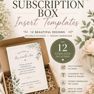 Op de afbeelding: Een set van 12 abonnementsbox-invoegsjablonen van Fortuna Botaniqe, met bewerkbare Canva-ontwerpen. De promotieafbeelding toont een kartonnen doos met een bedrukte kaart, tekstdetails en botanische accenten in olijfgroen en wit.