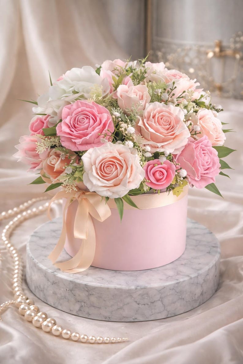 May include: A round, light pink flower box overflowing with a bouquet of pink and white roses, accented with greenery. The box is tied with a peach ribbon and sits on a marble-patterned stand. A strand of pearls is draped nearby.
