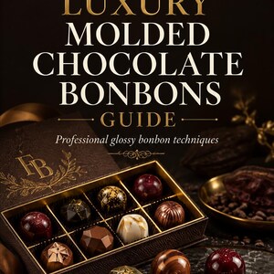 May include: A guide titled FORTUNA BOTANIQUE LUXURY MOLDED CHOCOLATE BONBONS GUIDE featuring professional glossy bonbon techniques. A dark brown box contains assorted molded chocolates, with additional glossy, multi-colored bonbons arranged on a dark marble surface.