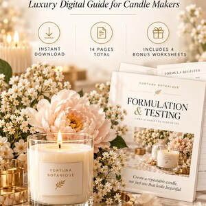 Könnte beinhalten: Ein digitaler Candle Formulation & Testing Toolkit Leitfaden von Fortuna Botanique. Das Dokument umfasst 14 Seiten, 4 Bonus-Arbeitsblätter und einen Sofort-Download. Es enthält Text zum Testen, Verfeinern und Dokumentieren von Kerzen.