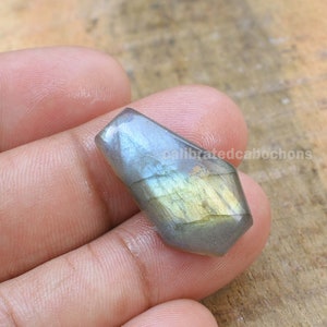 May include: A gray and green labradorite cabochon with iridescent flashes of color. The cabochon is shaped like a teardrop and has a smooth, polished surface.
