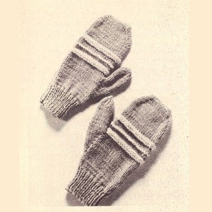 May include: A pair of knitted mittens in shades of gray, with a ribbed cuff and a band of three lighter-colored stripes across the back of the hand. The mittens are designed for warmth and comfort.