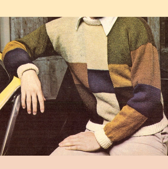 ONLY ONE DOLLAR Vintage Men s Patchwork Pullover Sweater Knitting Pattern