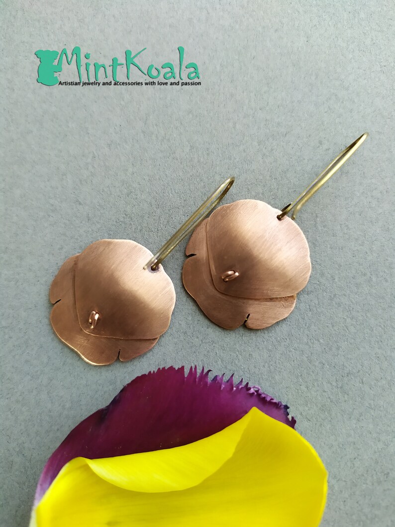 dangle earrings Flowers Earrings Floral Jewelry Yellow Pansy Flowers Copper Hot Enamel Earrings Statement Earrings Flowers Jewelry