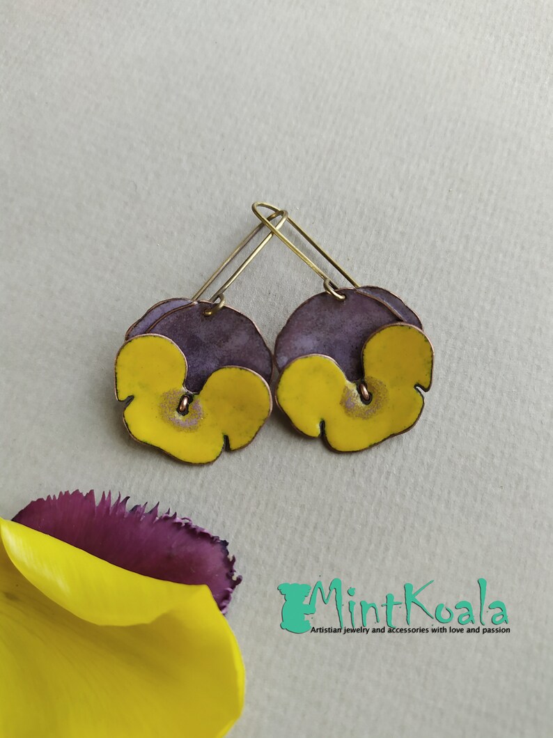dangle earrings Flowers Earrings Floral Jewelry Yellow Pansy Flowers Copper Hot Enamel Earrings Statement Earrings Flowers Jewelry