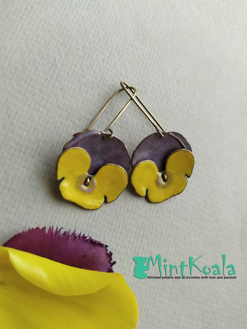 dangle earrings Flowers Earrings Floral Jewelry Yellow Pansy Flowers Copper Hot Enamel Earrings Statement Earrings Flowers Jewelry