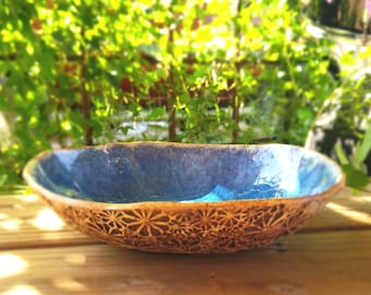 Handcrafted Botanical Lace Ceramic Bowl, Blue Glazed Interior, 8x7 Inches