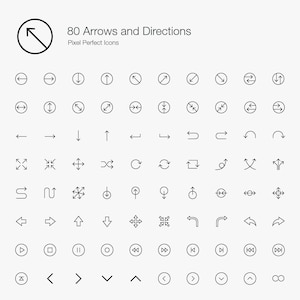 May include: A set of 80 black and white arrow icons, including directional arrows, curved arrows, and symbols for play, pause, rewind, and fast forward. The icons are pixel perfect and suitable for use in web design, mobile apps, and other digital projects.