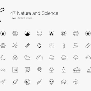 Könnte beinhalten: Ein Satz von 47 Schwarz-Weiß-Linien-Icons, die Natur- und Wissenschaftskonzepte darstellen. Die Icons beinhalten ein Teleskop, Feuer, einen Wassertropfen, ein Atom, DNA, ein Mikroskop, Wolken, Bäume, Berge, Planeten und mehr.