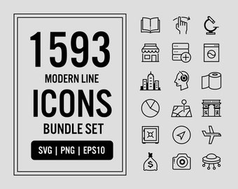 1593 Modern Line Vector Icons Bundle Set in SVG PNG EPS. Simple Small Mini Icon Signs Symbols Pack for 20 Different Categories of Subjects.