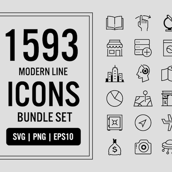 1593 moderne lijn vector pictogrammen bundel set in SVG PNG EPS. Eenvoudige kleine mini pictogram ondertekent symbolen Pack voor 20 verschillende categorieën van onderwerpen.