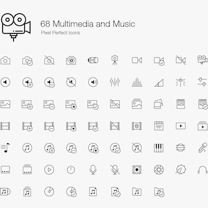 Multimedia Music Camera Photography Sound Audio Video dslr Record Filming Line Icons Sign Symbol Pictogram Set Bundle in Vector EPS PNG SVG.