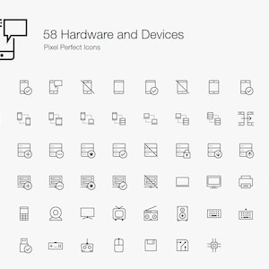 Hardware Devices Smartphone Smart Phone Mobile Cell Phone Computer Server Line Icons Sign Symbol Pictogram Set Bundle in Vector EPS PNG SVG.