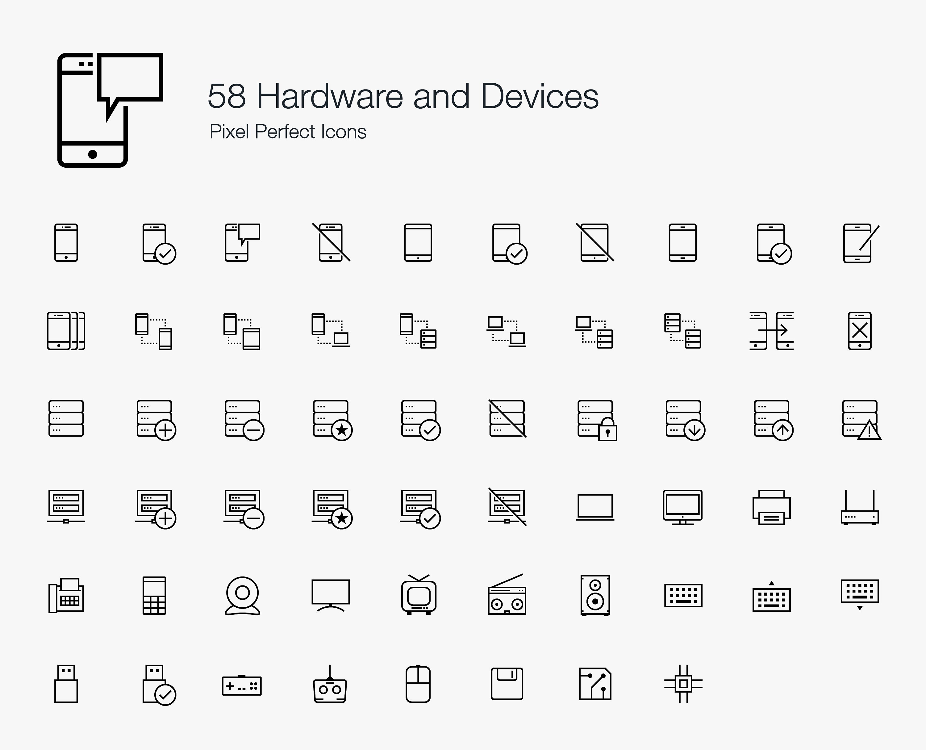 Hardware Devices Smartphone Smart Phone Mobile Cell Phone Computer Server Line Icons Sign Symbol Pictogram Set Bundle in Vector EPS PNG SVG.