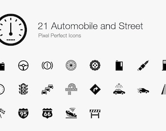 21 Automobile and Street Icons Sign Symbol Pictogram Set Bundle in Vector EPS, SVG, PNG. Automobile icon. Car svg. Vehicle svg. Road svg.