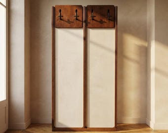 Vintage Mid-Century Wall-Mounted Coat Rack, Wood and Cream Panels, Czechoslovakia, 175 x 90 x 7 cm