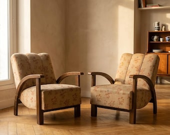 Pair of Art Deco Armchairs, 1930s Central Europe, Vintage Upholstered Lounge Seating