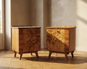 Pair of Vintage Czechoslovak Bedside Cabinets with Burl Veneer, Mid-Century Modern, 45 × 45 × 34 cm