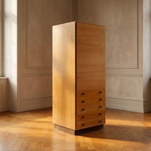 Könnte beinhalten: Ein hoher, rechteckiger Holzschrank mit einer hellbraunen Holzmaserung. Das Möbelstück verfügt über eine große Tür im oberen Bereich und fünf darunter liegende, horizontal gestapelte Schubladen mit kleinen, dunklen, runden Knöpfen.