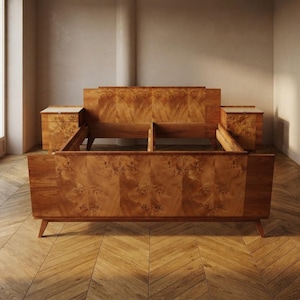 Vintage Czechoslovak Bedroom Set with Burl Veneer, Bed and Pair of Nightstands, Mid-20th Century, 180 × 195 cm