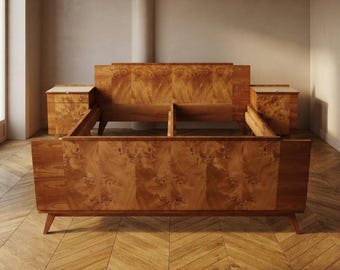 Vintage Czechoslovak Bedroom Set with Burl Veneer, Bed and Pair of Nightstands, Mid-20th Century, 180 × 195 cm