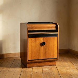 Könnte beinhalten: Ein Holzschrank mit gewölbter Oberseite und zwei Türen. Der Schrank ist aus hellbraunem Holz mit schwarzen und goldenen Akzenten gefertigt. Der Griff hat eine schwarze Tropfenform. Der Schrank ist im Vintage-Stil.